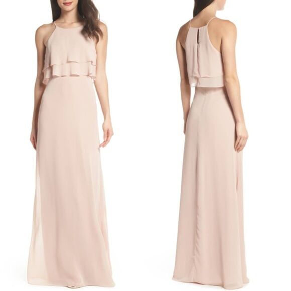 JENNY YOO Charlie Halter Top Ruffle Chiffon Maxi Dress Gown Size 2 - Picture 1 of 7